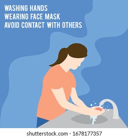 Coronavirus, covid-19. Vector illustration white, european, asian woman washing hands. Wash hands. Soap. Washing hands with soap. Virus prevention. Global epidemic, pandemic, disease. Banner, website