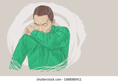Coronavirus, covid-19. Vector illustration white, european, asian man covers sneeze. Prevent Respiratory Diseases. Covering mouth and nose with arm when coughing, sneezing. Poster, flyer, banner