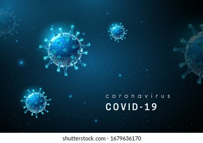 Coronavirus. Covid-19 Virus.  Danger Symbol. Low Poly Style Design. Abstract Futuristic Geometric Background. Wireframe Light Connection Structure. Modern Graphic Concept. Isolated Vector Illustration