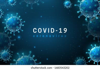 Coronavirus. Covid-19 virus.  Danger symbol. Low poly style design. Abstract futuristic geometric background. Wireframe light connection structure. Modern graphic concept. Isolated vector illustration