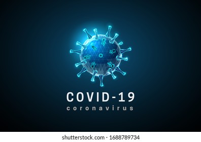 Coronavirus. Covid-19 virus.  Danger symbol. Low poly style design. Abstract futuristic geometric background. Wireframe light connection structure. Modern graphic concept. Isolated vector illustration