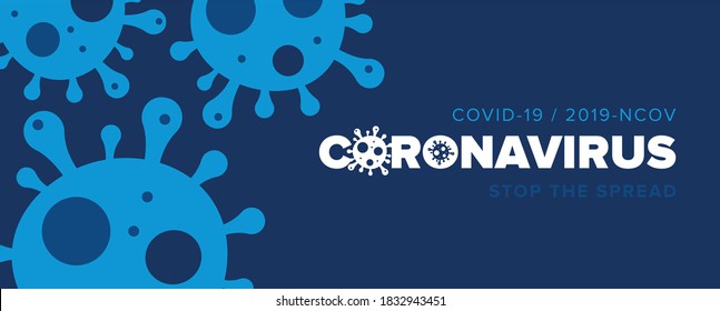 Coronavirus Covid-19 Virus Logo and Banner with Icon Vector. Background with blue virus bacteria cells. Horizontal banner, poster, Icons, header for website