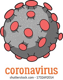 Coronavirus or Covid-19 virus molecule with text below isolated on white for a poster or design element conceptual of the global pandemic, colored vector illustration