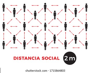 Coronavirus COVID-19 virus social distancing concept. Stay two meter apart. Spanish language. Flat icon vector illustration