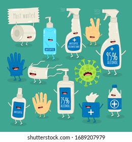 coronavirus COVID-19 virus wuhan from china. Antiseptic, disinfectant, alcohol, toilet paper, gloves and mask medical equipment and pharmacy