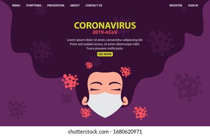 Coronavirus. Covid-19. Woman Face wearing mask. Designed for landing page, banner, background, etc.	