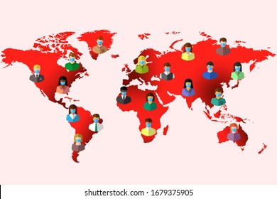 Coronavirus, COVID-19 and world map as global pandemic concept. Diverse people all around the world wearing face masks due to the epidemics.