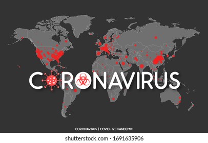Coronavirus COVID-19 World Map Spreading Infection. World Map Red Point Infected Spots. 2019-NCOV Coronavirus Pandemic Corona Virus Outbreak. Asia America USA Europe EU. Vector Illustration Eps10