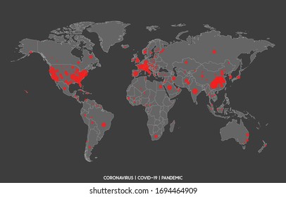 Coronavirus COVID-19 World Map Spreading Infection. Red Point On Infected Spots. Pandemic Corona Virus Outbreak. Vector Illustration Eps10