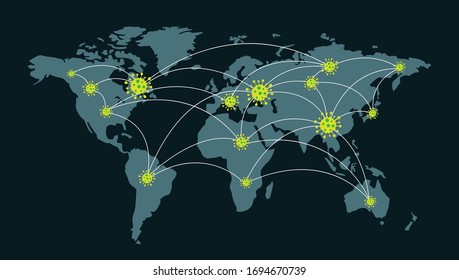 Coronavirus COVID-19 World Map Spreading Infection. Red Point On Infected Spots. Pandemic Corona Virus Outbreak.
