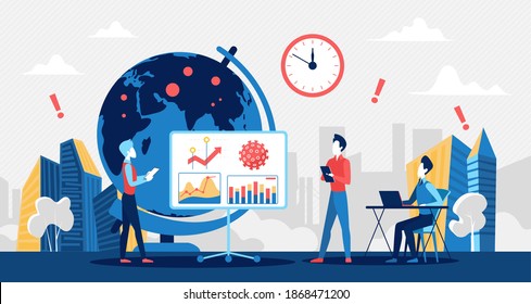 Coronavirus covid19 world statistics analysis vector illustration. Cartoon analyst people report corona virus disease situation graph chart, update worldwide, medicine breaking news concept background