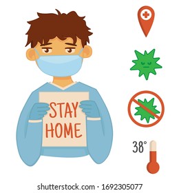 Coronavirus (Covid-19/2019-ncov) illustration. Doctor in white medical face mask. Concept of coronavirus quarantine vector. Stay home. Prevention and Symptoms with icons & infected.