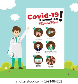 Coronavirus (COVID-19)preventions. Doctor explain Infographics to prevent corona virus. Vector illustration. Idea for coronavirus outbreak and prevention.