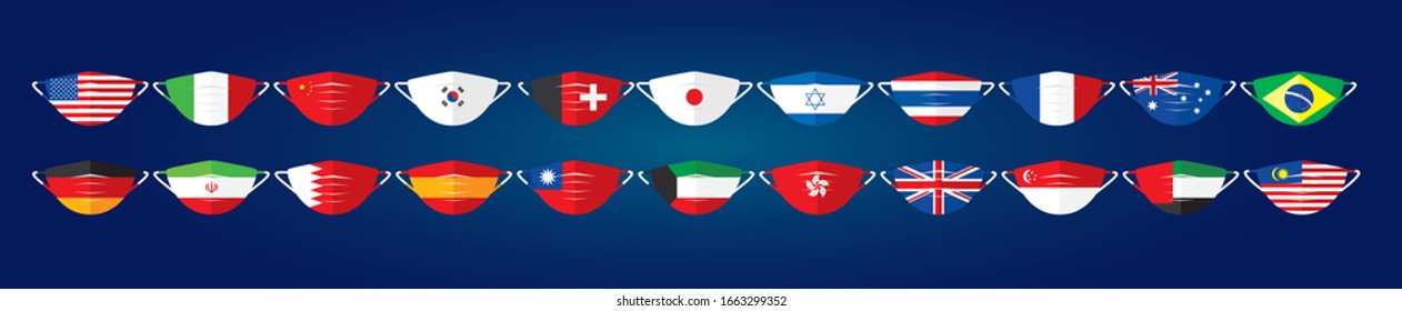 Coronavirus COVID-19,The flag of the country on the mask. Medical Respiratory Mask Protect Face From virus. Vector Illustration