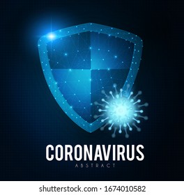 Coronavirus COVID-2019 on blue background. Virus 2019-nCoV cells. Heath security design with shining shield.