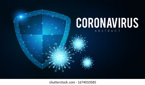 Coronavirus COVID-2019 on blue background. Virus 2019-nCoV cells. Heath security design with shining shield.