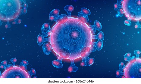 coronavirus COVID-2019 on a blue futuristic background. Deadly type of virus 2019-nCoV. 3D models of coronavirus bacteria. Vector illustration. Abstract low poly wireframe mesh design. For web banner.