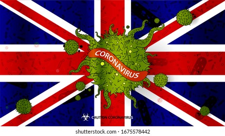 Coronavirus COVID-2019 on the flag of England. Sign coronavirus. Background coronavirus. Deadly type of virus 2019-nCoV. Vector illustration.