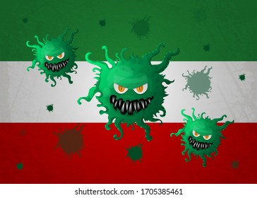 Coronavirus COVID-2019 on the flag of Iran. Sign coronavirus. Background coronavirus. Deadly type of virus 2019-nCoV. Vector illustration.