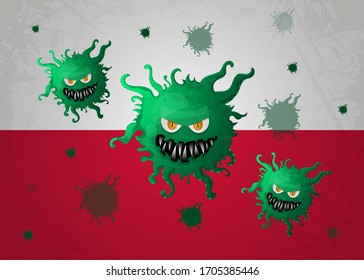 Coronavirus COVID-2019 on the flag of Poland. Sign coronavirus. Background coronavirus. Deadly type of virus 2019-nCoV. Vector illustration.