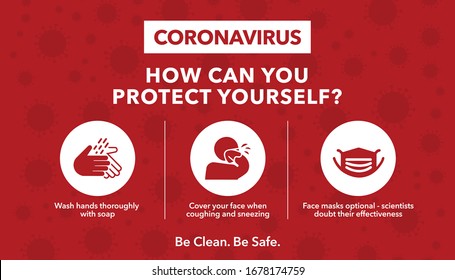 Coronavirus COVID-2019 Safety Tips on a red color virus pattern background. Global Health Emergency - 2019-nCoV. Vector illustration