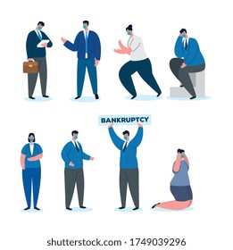 coronavirus crash, covid 19 economy collapse, group business people wearing surgical mask, bankruptcy concept vector illustration design