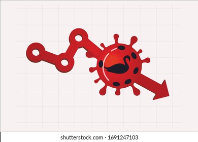 Coronavirus crash, COVID-19 economic collapse great depression era company bankrupt from Coronavirus COVID-19 flu outbreak concept, virus pathogen with black swan on red plunging stock market drop.