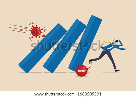 Coronavirus crash, COVID-19 economy collapse company bankrupt with debt from virus flu outbreak, businessman with debt panic running away from collapsing fall down bar graph from COVID-19 pathogen.  