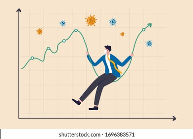 Coronavirus crash stock market plunged, high volatility asset price swing in Coronavirus outbreak crisis concept, businessman with sanitary mask sit on stock market graph as swing, COVID-19 pathogen