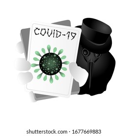 Coronavirus crisis concept. A Plague doctor with bird mask and hat, hand in a white glove holds a playing card with COVID-19 green molecule.Vector illustration isolated on white field. EPS10