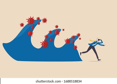 Ondas de destruição da crise do coronavírus, segunda e terceira ondas serão piores e o conceito crítico de desastre, medo e pânico empresário foge das ondas de impacto do patógeno coronavírus COVID-19.