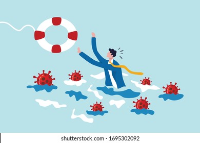 Coronavirus crisis help policy, business insurance or government stimulus to aid small business and entrepreneur to survive in COVID-19 outbreak, businessman try to hold life buoy with virus around.