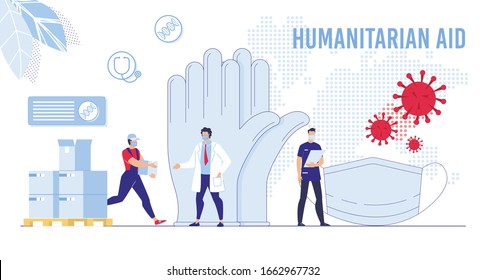 Coronavirus Crisis, Humanitarian Help For China, Exporting Special Protection For Medical Personnel Concept. Deliveryman Giving Box With Face Masks, Rubber Gloves To Doctor Flat Vector Illustration