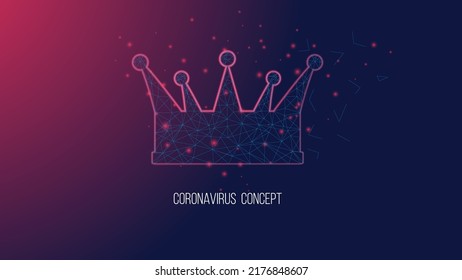 Coronavirus Danger Concept. Crown From Triangles And Luminous Points. Background Of Beautiful Dark Red Blue.