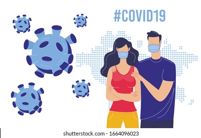 Coronavirus Danger, Human Population Protection from Viral Disease, Contamination Prevention with Personal Hygiene Concept. Man and Woman in Masks, COVID-19 Virus Cells Flat Vector Illustration