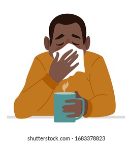 Coronavirus danger. Sick man Vector character. A man sneezes into a handkerchief, viruses fly over his head. Covid - 2019