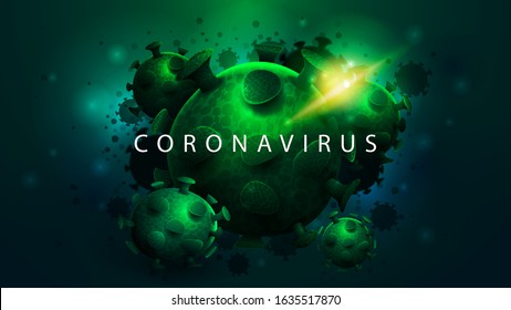 Coronavirus, dark poster with large green coronavirus molecules on abstract blue background. Wuhan coronavirus 2019-nCoV concept