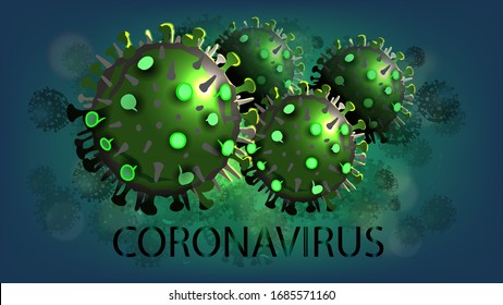 Coronavirus, afiche oscuro con dos grandes moléculas de coronavirus verde sobre fondo verde abstracto. Brote de Coronavirus, concepto de Alerta. Ataques de virus, riesgo de salud pandémica