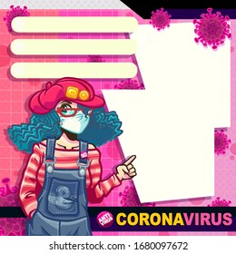 Coronavirus Data Template: Vector Illustration. 
Having a virus background with a masked young girl standing in front of.
And there is space for updating various information
Used in website ,banners