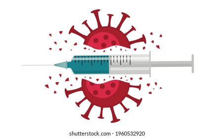 Coronavirus defeated with syringe with vaccine. COVID vaccination concept horizontal illustration. Flat vector illustration. 