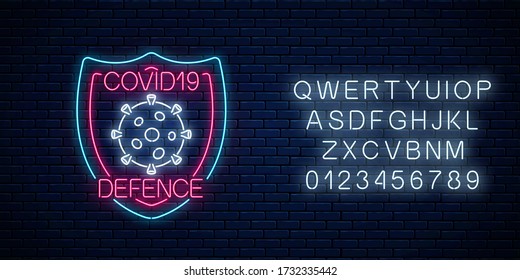 Coronavirus defence neon sign with alphabet. COVID-19 virus caution symbol in neon style. 2019-NCOV outbreak stop icon. Vector illustration. Shiny world pandemic alert design on brick wall background