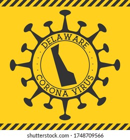 Coronavirus in Delaware sign. Round badge with shape of virus and Delaware map. Yellow US state epidemic lockdown stamp. Vector illustration.