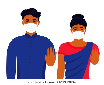 Coronavirus Delta. B.1.617.2. Indian man and woman show stop hand gesture