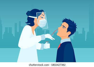 Coronavirus diagnostics concept. Vector of a medical professional wearing protective gear performing nasal swab test on a patient. 