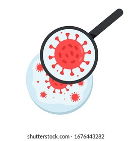 Coronavirus disease 2019 COVID-19 test. Laboratory testing results for SARS-CoV-2 under magnifying glass. Medical concept of bacteria, microbe, infection, virus cell test close-up. 