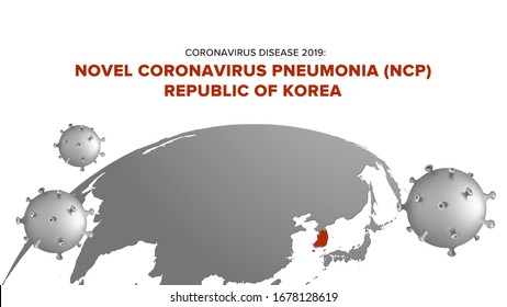 Coronavirus Disease 2019: Novel Coronavirus Pneumonia (NCP) Republic of Korea. Realistic 3D virus cells medical illustration. Covid-19 confirmed cases situation as of March, 2020