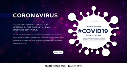 Coronavirus disease (2019-nCoV), information banner about the infectious disease. Global pandemic threatens people's health. Vector blue poster of silhouette of virus, text and hashtag covid19.