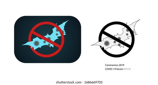 coronavirus disease with bat symbol  on color and black & white stop icon