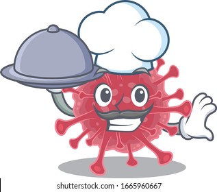 Coronavirus disease as a chef cartoon character with food on tray