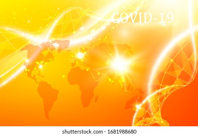 Coronavirus Disease COVID Infection. Word Map On Orange Background With The Bright Flash On China. Coronavirus Or Corona Virus Science Illustration. Vector Illustration.